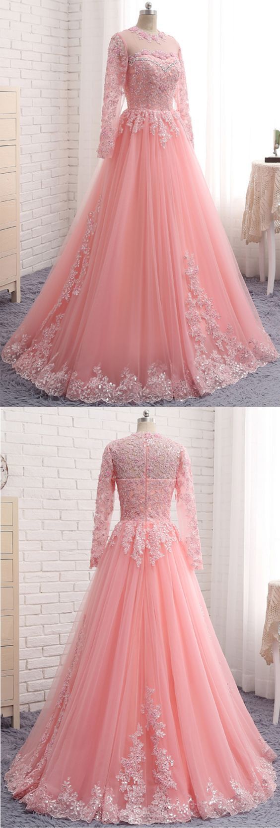 Charming Long Sleeve Appliques Pink Tulle Prom Dresses, Elegant Evening Formal Dress  cg5407