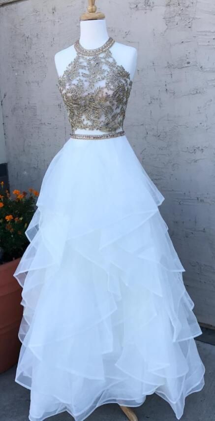 White tulle floor length prom dress , ball gown with appliques cg552