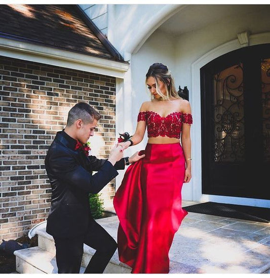 Off The Shoulder Red Prom Dresses,Two Piece Simple Dresses with Lace cg5525