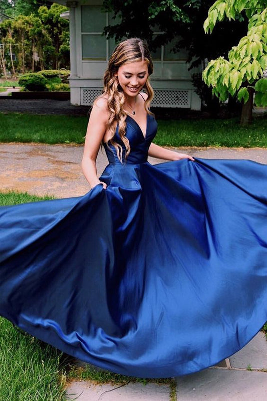 Simple Straps A-line blue Long Prom Dress cg553