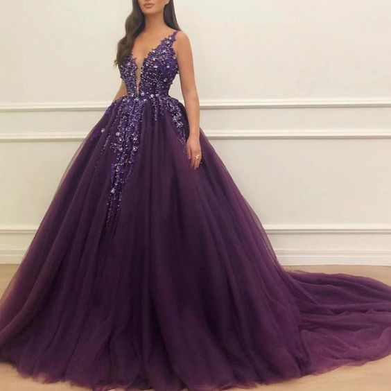 deep purple ball gown prom dresses 2020 deep v neck crystals beaded prom gown vestido de graduation  cg5543