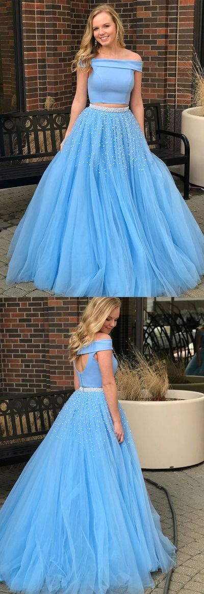 Two Piece Off-the-Shoulder Open Back Blue Prom Dress with Beading  cg555