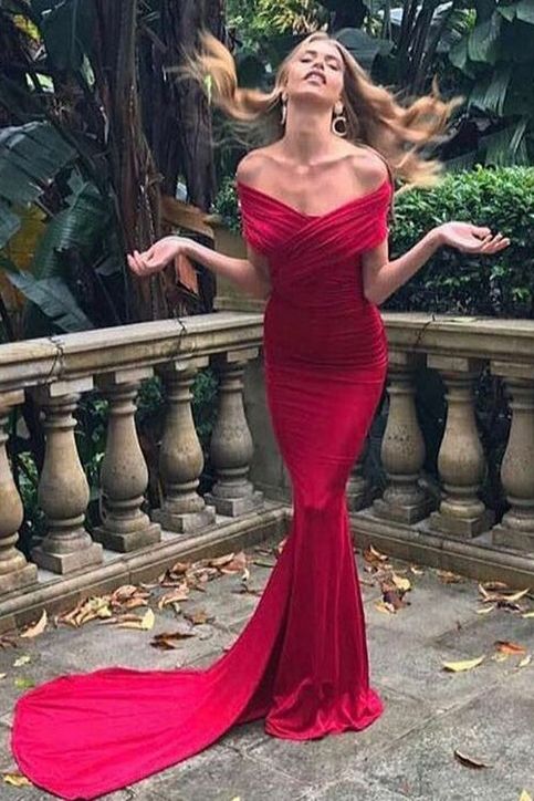 Mermaid Prom Dresses,Off-the-Shoulder Prom Gown, Ruched Prom Dress,Red Prom Dress,Spandex Prom Dresses   cg5585