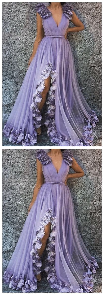Lavender Tulle V Neck Long 3D Lace Applique Slit Prom Dress, Evening Dress  cg5589
