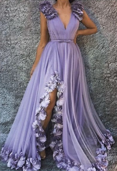 Lavender Tulle V Neck Long 3D Lace Applique Slit Prom Dress, Evening Dress  cg5589