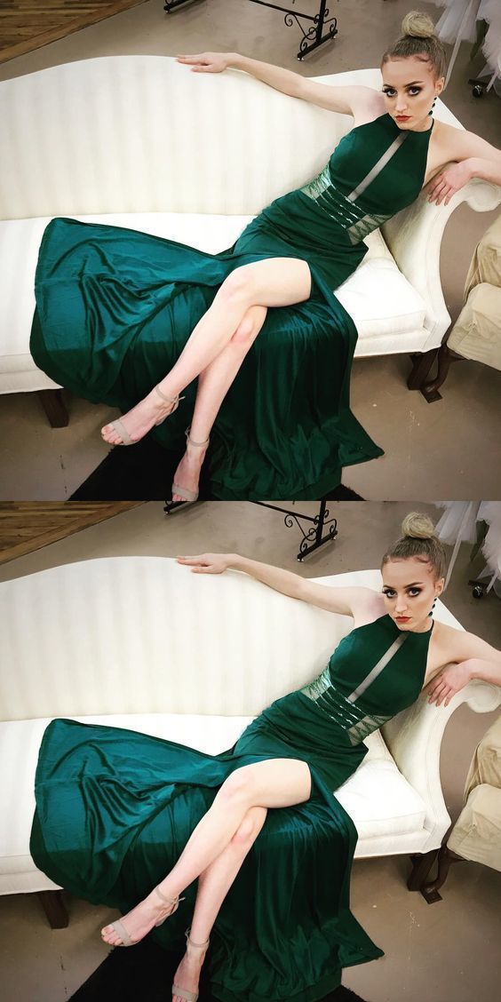 Emerald Green Long Prom Dress with Slit,Evening Formal Dress,High Neck Prom Dress cg5603
