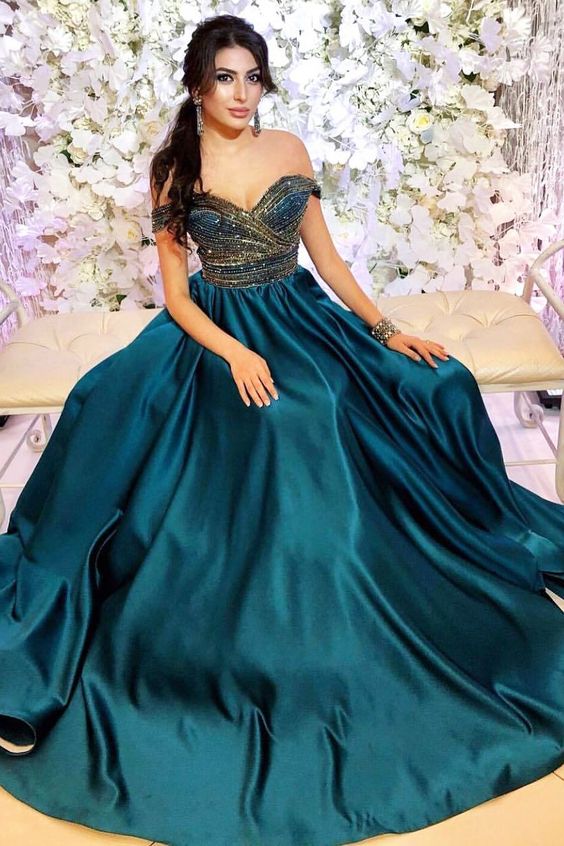 Off the Shoulder Beading Long Teal Prom Dress  cg5621