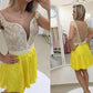 Round Neck Cap Sleeves Yellow Red Lace Short Homecoming Dresses With Pearls cg570