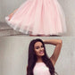 A-Line Halter Sleeveless Pink Tulle Homecoming Dresses With Lace  cg581