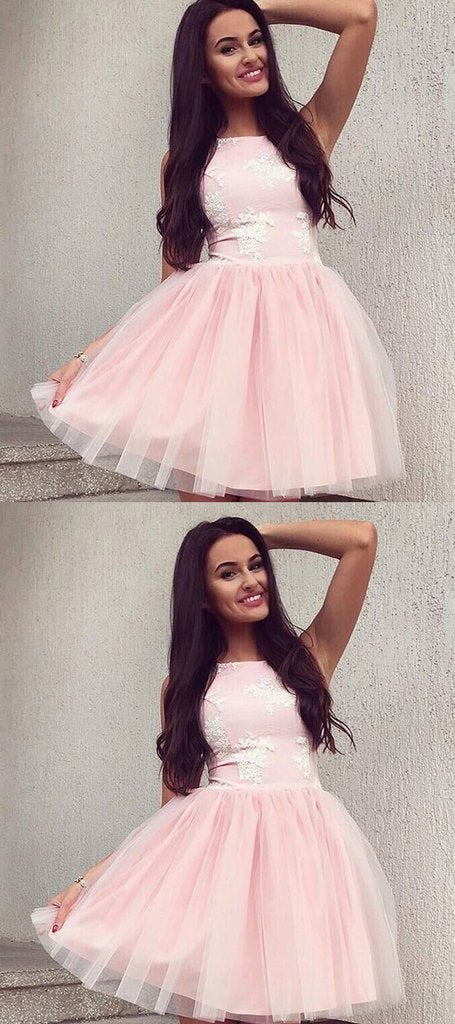 A-Line Halter Sleeveless Pink Tulle Homecoming Dresses With Lace  cg581