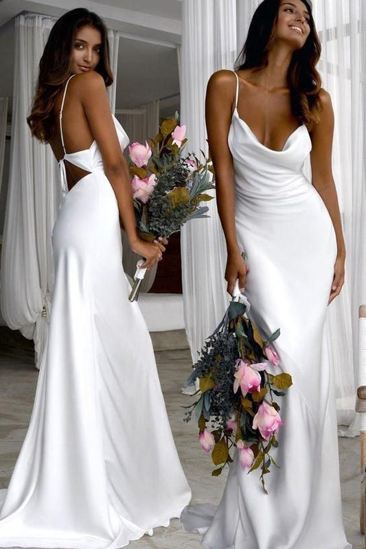 Cute Prom Dress, Sexy Slim White Wedding Dresses with Cowl Back  cg6252