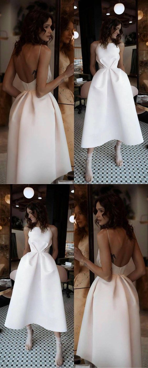 A-Line Spaghetti Straps Backless Tea-Length White Prom Dress with Pockets cg627