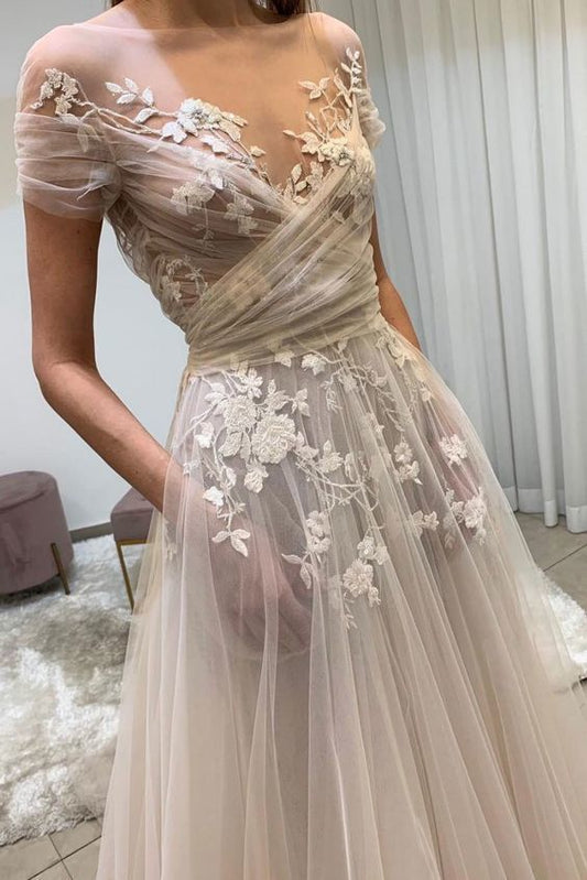 Custom made gorgeous light champagne tulle lace long prom dress, lace evening dress cg629