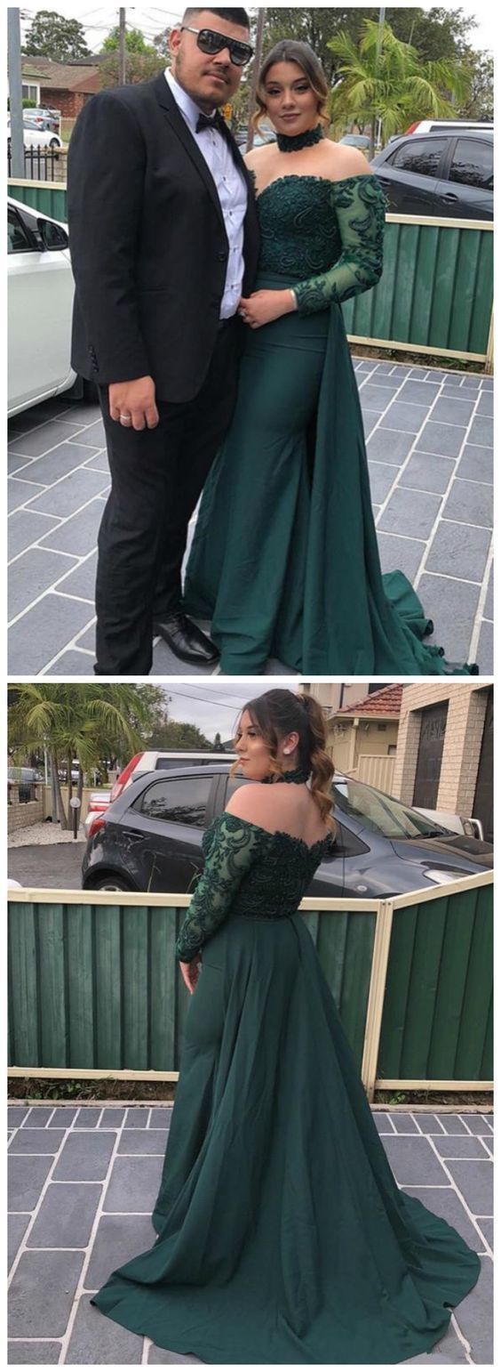 Off-shoulder Long Sleeves Green Lace Prom Dresses  cg6353