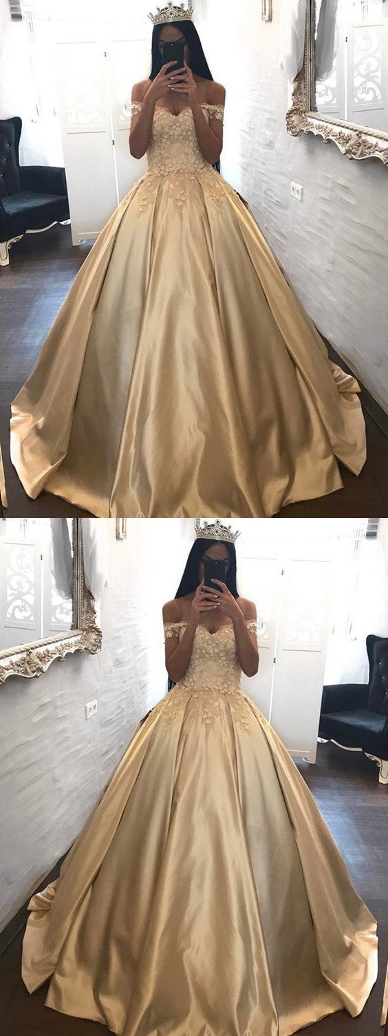 Sexy prom dress, satin long prom dress, gold prom dress, off shoulder ball gown cg636