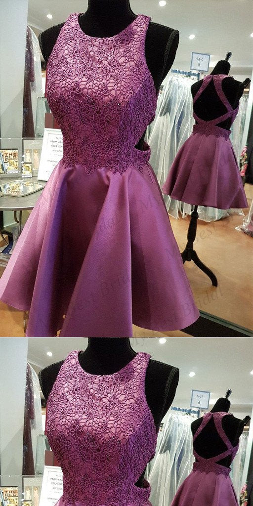 Stunning Purple Lace Applique Homecoming Dresses With Beading,Short homecoming Dresses  cg652