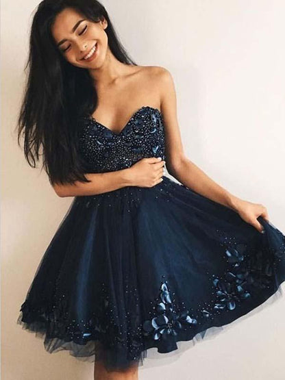 A-Line Sweetheart Navy Blue Tulle Homecoming Dress cg655