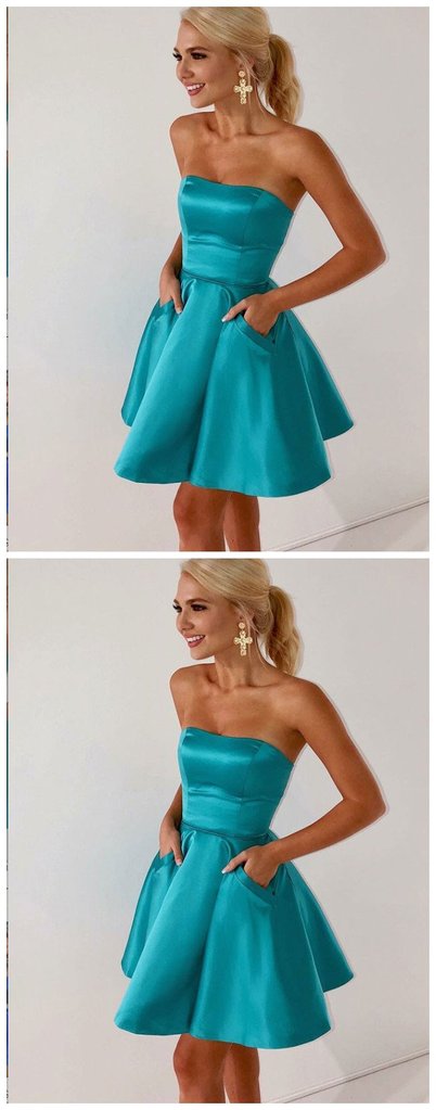 A-Line Strapless Blue Satin Homecoming Dress with Pockets cg659