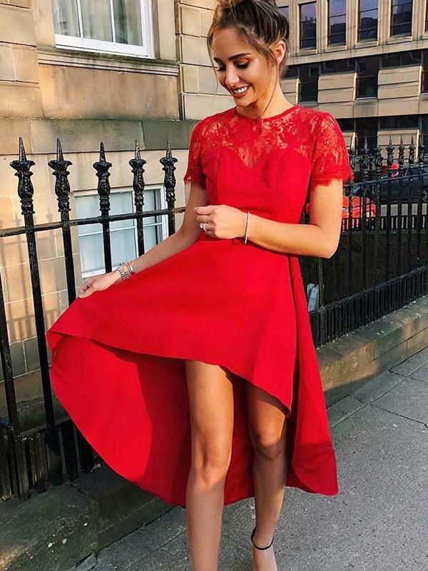 A-Line Round Neck Short Sleeves Red High Low Homecoming Dresses With Lace cg667
