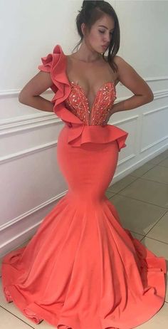 One-Shoulder Mermaid Prom Dresses_Ruffles Crystals Long Evening Gown  cg6912