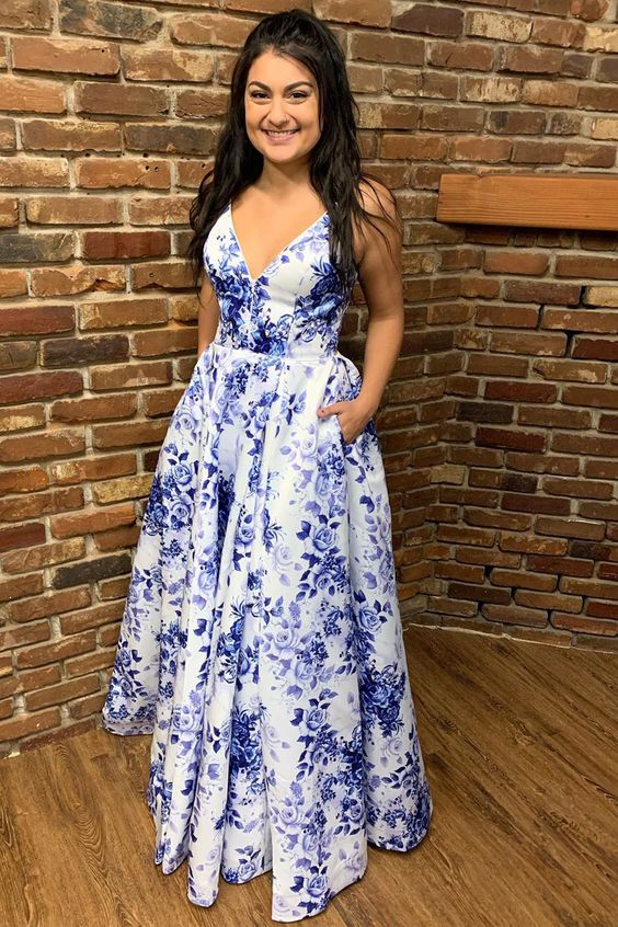 Gorgeous A-Line White and Blue Floral Long Prom Dress  cg7006