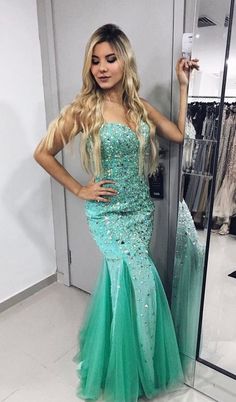 Trumpet/Mermaid Mint Green Sweetheart Tulle Beaded Prom Dresses   cg7074
