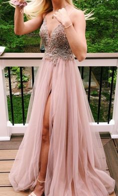 Spaghetti Straps Beaded Pink Long Prom Dress with Slit  cg7098