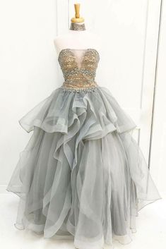 Gray tulle beads sequin long prom dress, gray tulle evening dress   cg7117