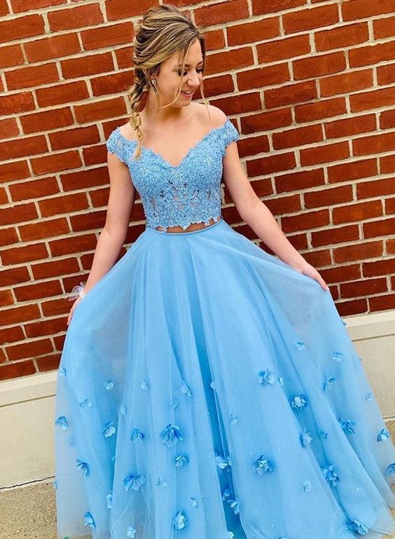 Blue lace tulle long prom dress, two pieces evening dress cg720