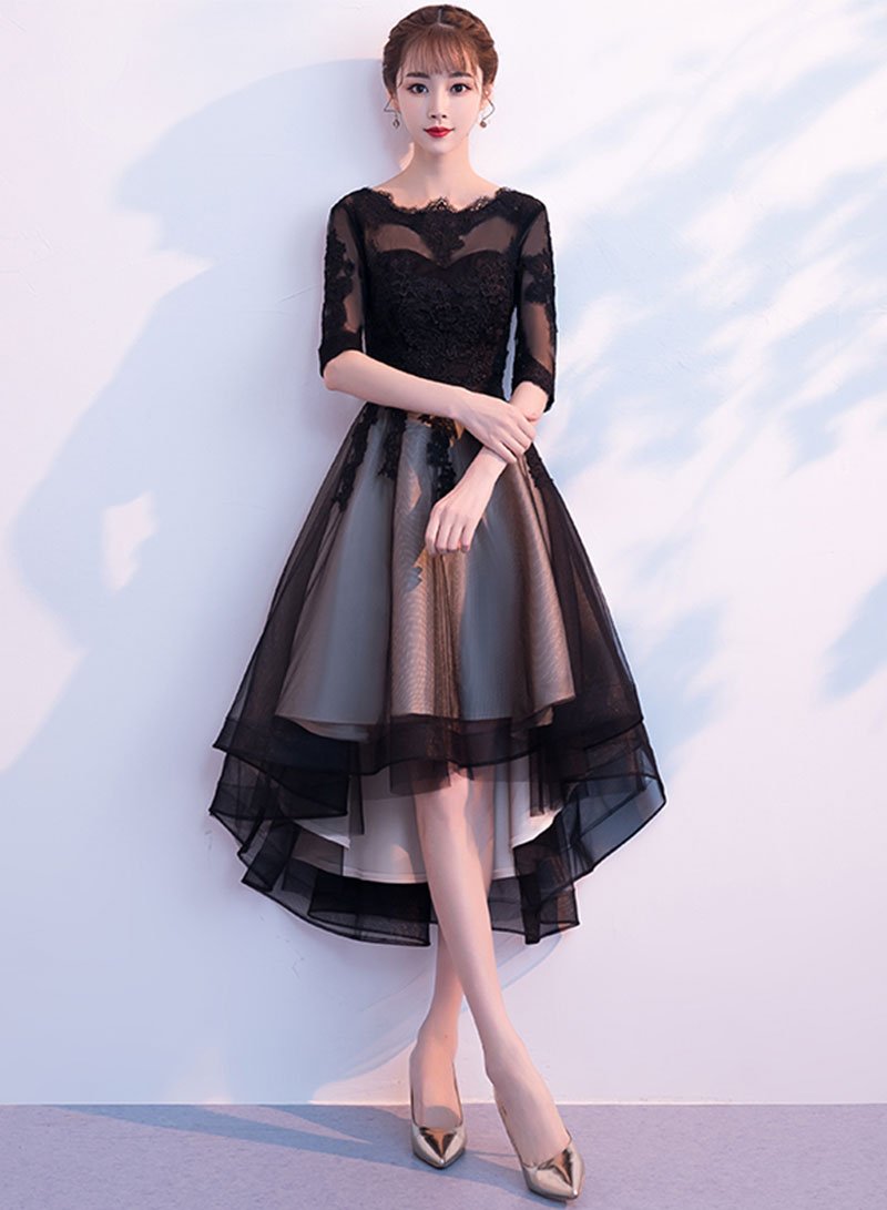 Black lace tulle short dress, homecoming dress cg728