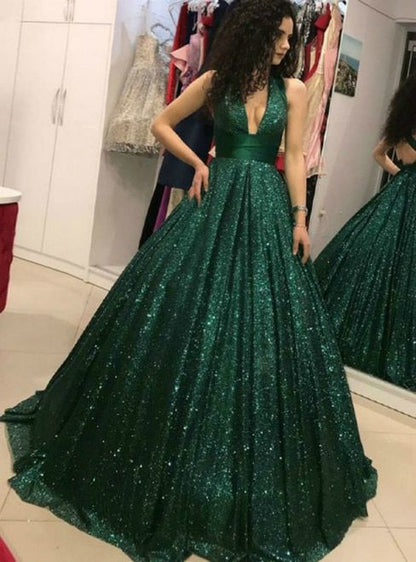 A-Line V-Neck Open Back Dark Green Sequin Prom Dress cg736