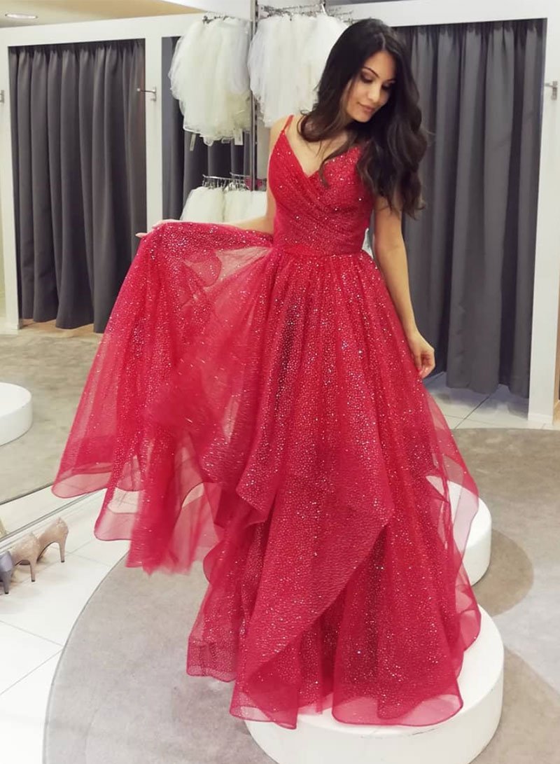 Red v neck tulle long prom dress, red evening dress cg744