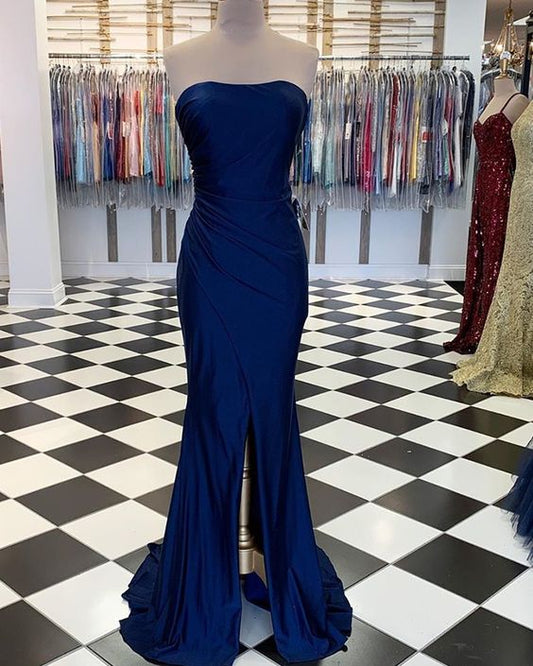 Simple Strapless Ruched Navy Blue Satin Mermaid Prom Dress  cg7572