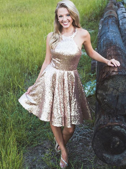 Shiny Gold Sequin Halter Simple Homecoming Dresses cg761
