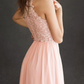 Pink round neck chiffon long prom dress lace pink evening dress  cg7817