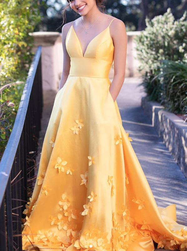 Yellow satin long prom dress yellow evening dress  cg7825