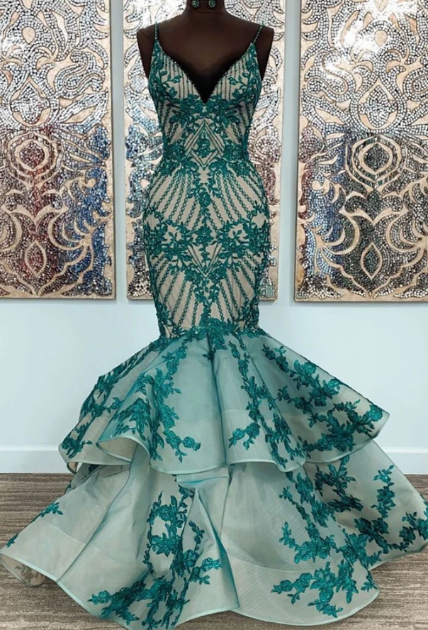 GREEN LACE TULLE MERMAID LONG PROM DRESS LACE FORMAL DRESS  cg7828