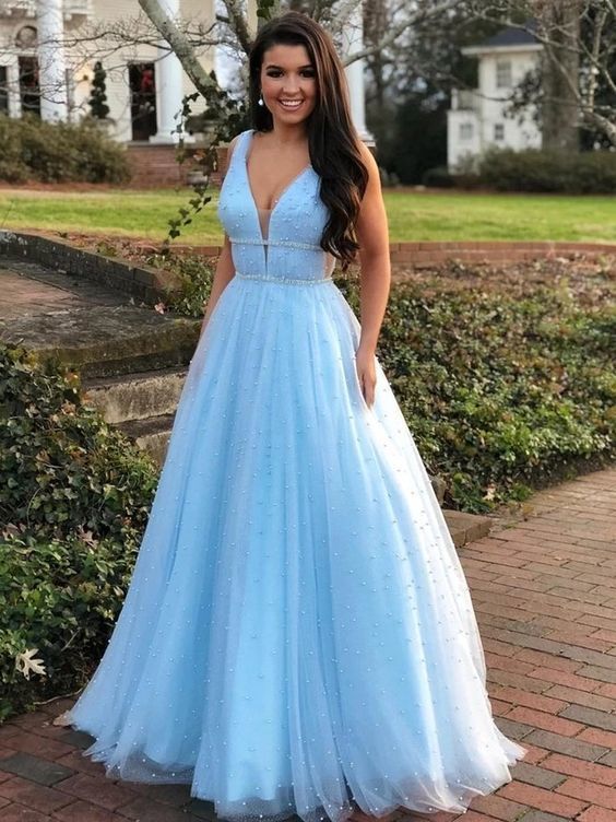 Elegant V neck Light Blue Prom Dresses, Tulle Prom Dress, Long Evening Dress  cg7849