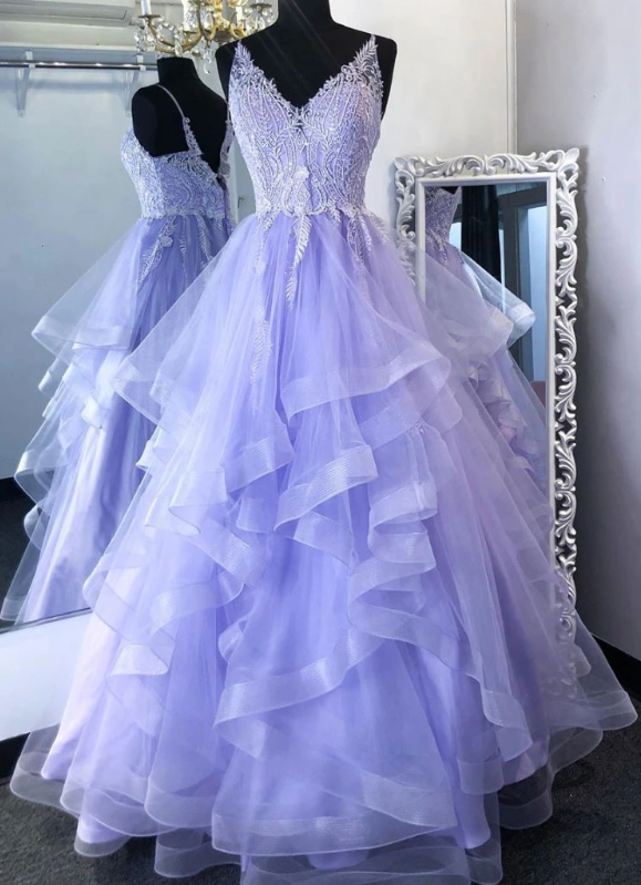 Purpler v neck tulle lace beads long prom dress tulle formal dress  cg7859