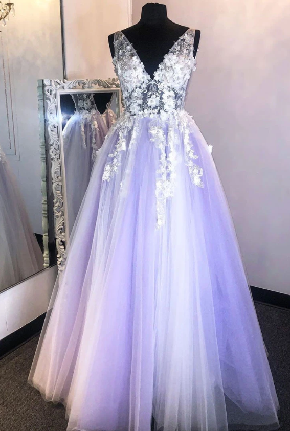 Purple v neck lace applique long prom dress purple formal dress  cg7860