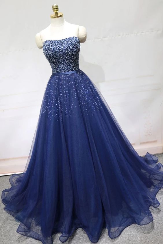 Stunning Sliver Beading Dark Blue Tulle A Line Formal Prom Dress, Evening Dress  cg7876