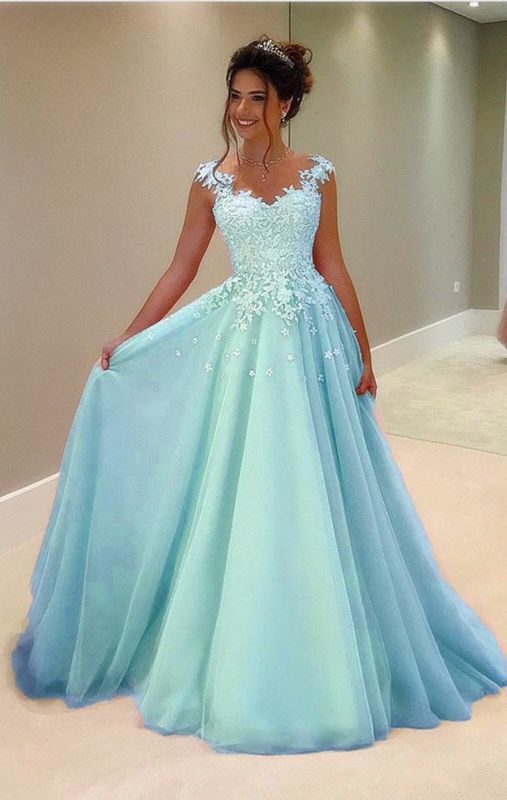 Light blue Tulle prom dresses lace cap sleeves  cg7893