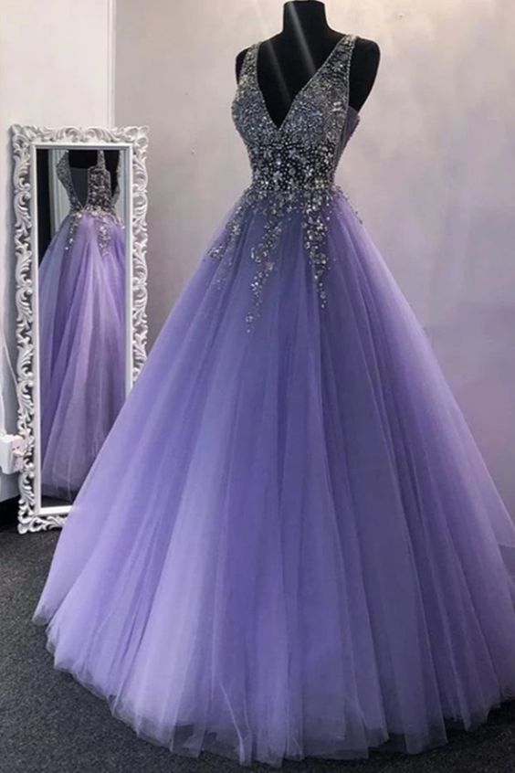 A Line V Neck Purple Beaded Long Prom Dresses, V Neck Backless Purple Long Formal Evening Dresses  cg7897