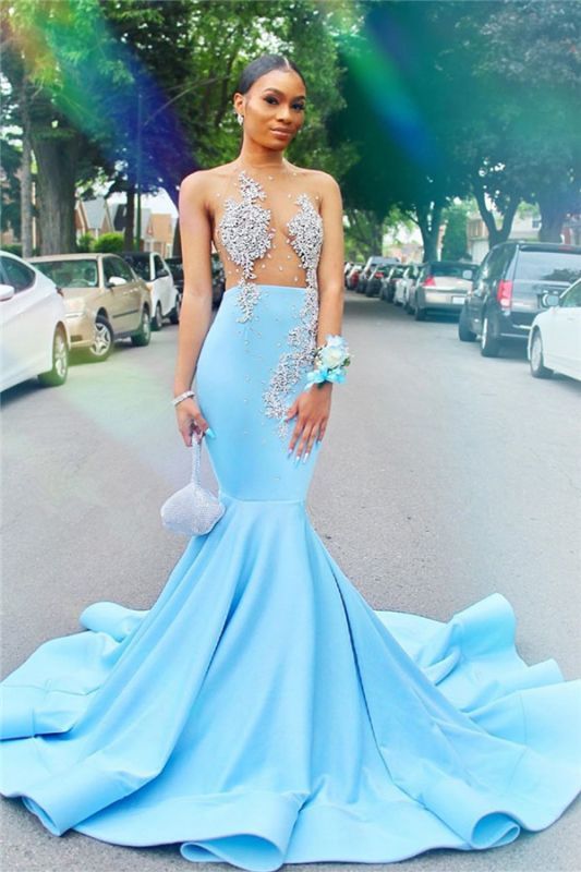 Mermaid Sheer Tulle Sexy Prom Dresses Cheap for Juniors | Crystals Sky Blue Evening Gowns  cg7902