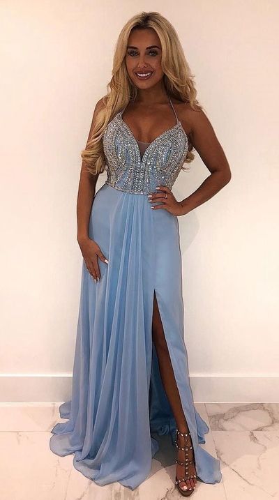 Light blue Prom Dress with Slit, Ball Gown, Evening Dress,Birthday Party Gown  cg7904