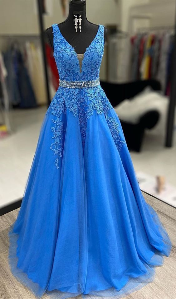 formal blue prom dresses, simple lace prom gowns, elegant evening party dresses for teens   cg7928