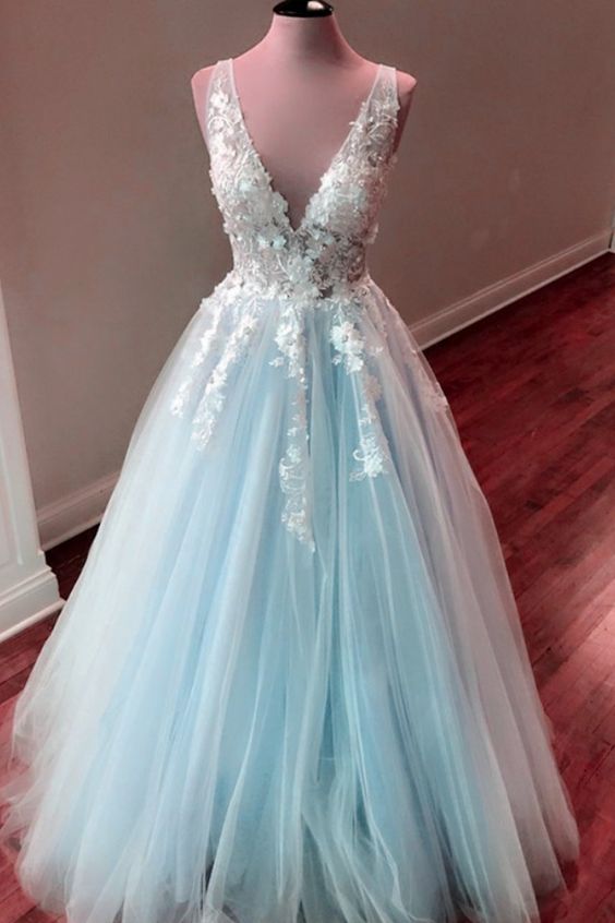 Light Blue Tulle V Neck Prom Dresses Floor Length  cg7933