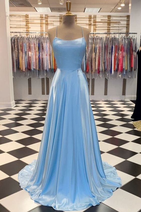 Simple Blue Satin Open Back A Line Prom Dress Long Graduation Dress  cg7944