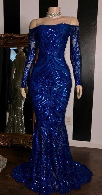 Sparkly Sequined Mermaid African Prom Dresses Royal Blue Long Sleeve Graduation Formal Dress Plus Size Evening Gowns  cg7945