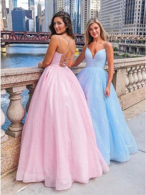 A-Line V-neck Spaghetti Straps Pink Tulle Long Prom Dress  cg7962